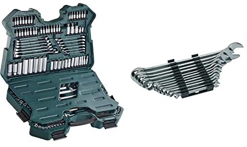 Mannesmann M98430 Maletín con llaves de vaso y otras herramientas (215 piezas, tamaño: 12x36x51 cm) + M19652 Juego de 12 llaves combinadas 6 a 22 CV