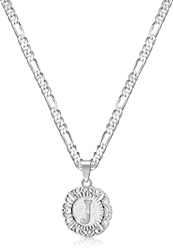 KissYan Initial Necklaces for Women, Silver Round Letter Pendant White Gold Capital Monogram Necklace Alphabets from A-Z Figaro Chain Jewelry(White Gold J)