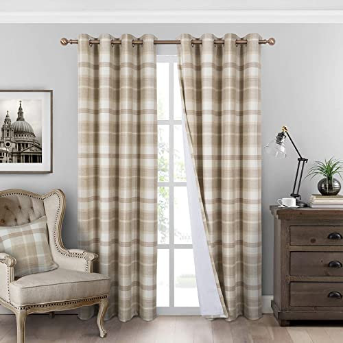 always4u 100% Blackout Curtains Check Eyelet Curtain Bedroom Plaid Woven Brushed Cheque Pair of Highland Woolen Look Window Treatment for Living Room Beige 66 * 90 Inches