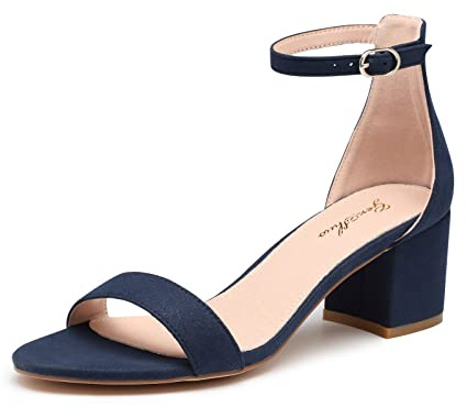 GENSHUO Sandalias con Tiras al Tobillo en Bloque Sandalias de Punta Abierta Zapatos de Tacón Medio Clásicos para Mujer Boda Tacones Altos Sandalias de Tacón para Fiesta de Verano Azul Marino 41EU