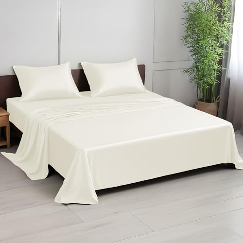 LINENWALAS Set di Lenzuola per Letto Matrimoniale, Set di Biancheria da Letto in Bambù 100% 300 Fili, Set di Lenzuola in Twill di Seta Raffreddante con 1 Lenzuolo con Angoli, 1 Lenzuolo Liscio e 2