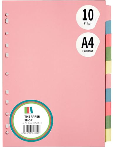Filavdelare för pappersbutik A4 10 delar – färgade indexflikar för skrivning på (1-pack) | Mappdelare för ringpärmar och spakarkivfiler | Ämnesavdelare för hemmakontor och skola – 10 sektioner