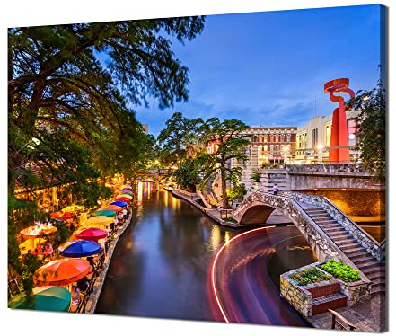 San Antonio Wall Art Texas Riverwalk Wall Decor San Antonio Skyline Picture Canvas Print Cityscape Panorama Painting Poster Stretched Framed Home Living Room Bedroom Decoration(16x12 inches)
