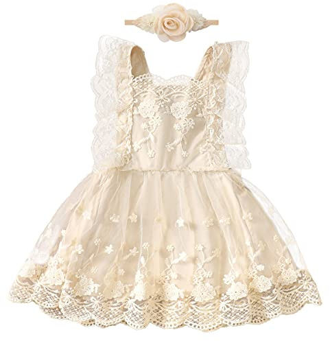 FYMNSI Robe de baptême pour bébé fille,Robe en dentelle,Style bohème,Pour nouveau-né,Costume de séance photo,Sans manches,Robe de princesse en tulle, Abricot + bandeau, 6-12 mois