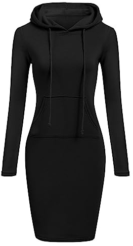 aromm Women's Hoodie Dress Pullover Long Sleeve Knee Length Casual Slim Hooded Sweatshirt Black, S