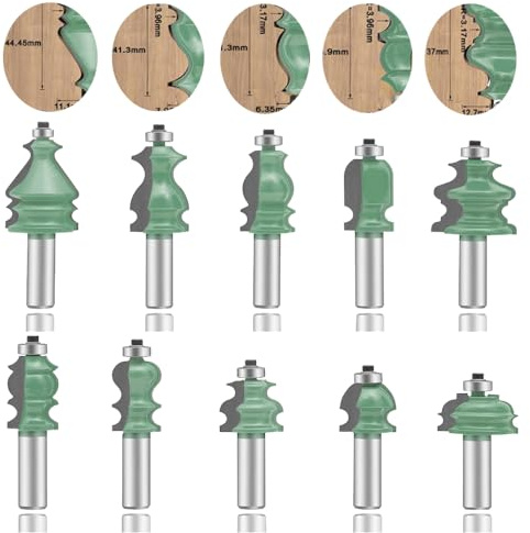 LEATBUY 10 PCS Molding Router Bit Set 1/2-Inch Shank, Corner Rounding Edge-Forming Roundover Beading Wood Router Bit Sets , Woodworking Milling Tools, Carbide CNC Router Cutter (YJ01)