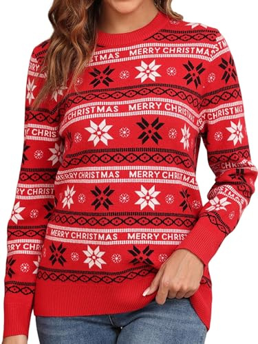 QIXING Maglioni natalizi da donna signore divertenti con albero di Natale e renna a maglia a maniche lunghe maglioni top, Fiocco di neve rosso., S