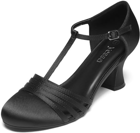 YESSA Character Shoes for Women Leather/Satin T-Strap 1920s Shoes,2/2.5 Ballroom Dance Shoes for Latin Salsa Tango Flamenco Black