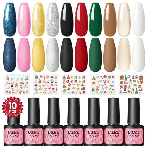 PEACECOLOR UV Nagellack Set,Gel Nagellack UV mit 10 Farben Rot, Weiß, Grün, Braun, Nude und Glitzer Gellack Soak-Off Nail Polish Set für Nail Salon DIY 7ML
