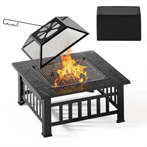 Xbro Brasero 3 en 1 avec protection contre les étincelles, brasero avec grille de barbecue, brasero pour le jardin, avec housse de protection étanche, carré, noir, 81 x 81 x 35 cm