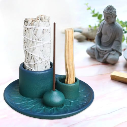 4-i-1-blå rökelseskål för varje rökverk, rökelsepinnar, Palo Santo, vit salvia, rökelser och ljushållare, keramisk askfångarbricka för meditationsrum, yoga