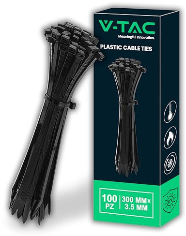 V-TAC Bridas para cables de plástico de 3,5 mm x 300 mm – Paquete de 100 unidades – Bridas para cableado multiusos – Sujetacables para electricista, mecánico, jardinería, color negro