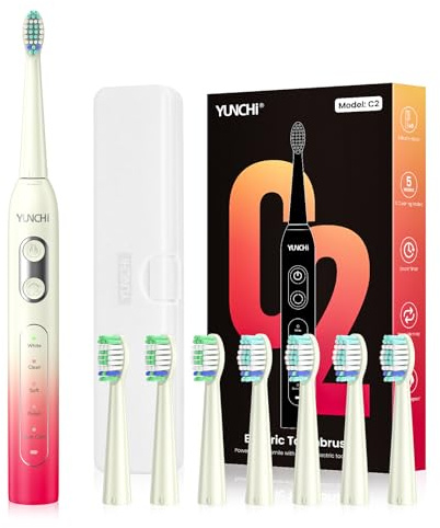 YUNCHI Sonic Electric Toothbrush, Electric Toothbrush for Adults and Kids, Rechargeable Battery Toothbrushes, 4 Brush Heads, 2 Min Timer, IPX7 Waterproof, 5 Modes, Red Yellow Gradient