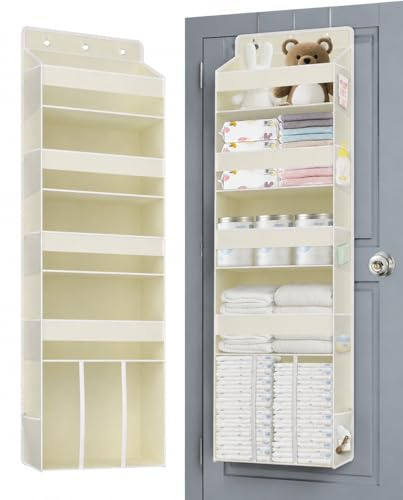 TAHAVICE 5-Shelf Over Door Storage Organiser with 10 Mesh Side Pockets, 40 lbs Load Baby Nappy Storage with Clear Window, Behind Door Hanging Storage for Laundry Bathroom Nursery Bedroom, Beige
