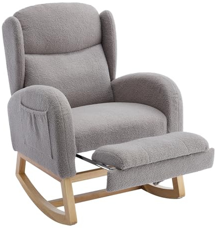 WEALTHOUSE Comoda sedia a dondolo, sedia da allattamento, poltrona lounge con schienale alto ergonomico e poggiapiedi pieghevole, rivestimento in peluche Teddy, tasca laterale, per soggiorno, camera