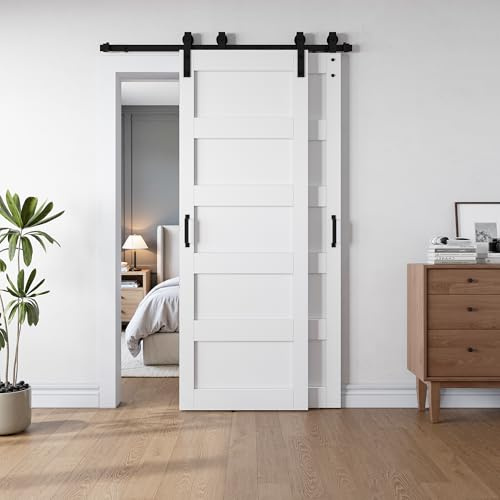 SmartStandard 30x84 Inch White Double Barn Door Set – 5-Panel MDF Sliding Doors with 6FT Bypass Barn Door Hardware Kit, Space-Saving Design, Easy Installation (Pre-Drilled Holes)