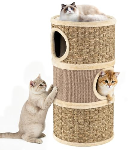 COSTWAY Tonneau Griffoir Chat à 3 Étages, Tapis à Griffer en Sisal, 3 Condos, Tour Chat avec Coussin, Corde en Algues, 3 Grandes Entrées, Passage Intérieur (36 x 36 x 70 cm,Jaune Brun)