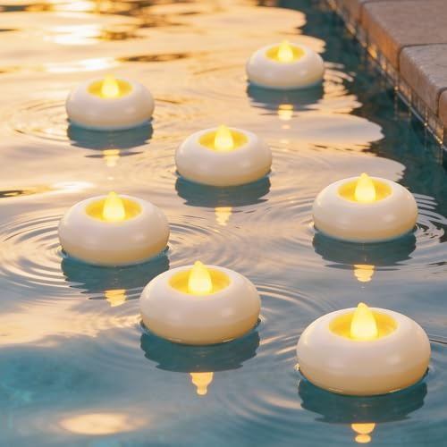 AMAGIC - 2 pollici Candele galleggianti impermeabili per esterni, lumini a batteria senza fiamma elettrici finti per interni, durata lunga oltre 200 ore, per piscina, giardino, laghetto, SPA, vasi