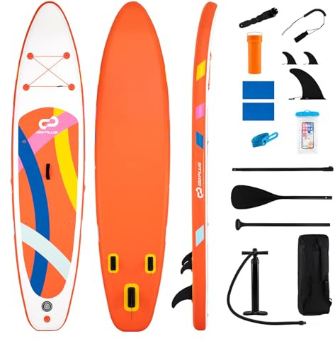 HOMASIS Tavola da SUP Gonfiabile, Paddle Board con Pompa Manuale, 3 Pinne Rimovibili, Pagaia in Alluminio, Anelli e Borsa da Trasporto, SUP Gonfiabile per Surf, Pesca, 336 x 77 x 16 cm (Arancione)