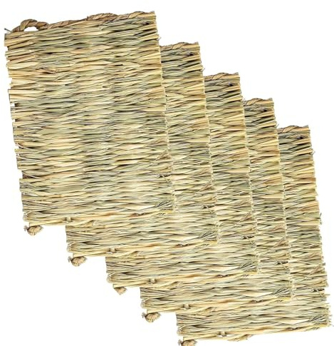 Wynrzyj De 5 piezas de alfombra tejida de paja natural para conejos, roedores, mascotas pequeñas, ropa de cama cómoda para masticar, accesorios para jaula de mascotas, alfombrilla de cama