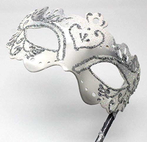 DAMER SPARKLANDE VIT & SILVER RIALTO VENETIANSK MASQUERAD CARNIVAL PARTY EYE HANDMASK PÅ EN STICKA