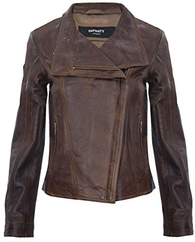 Infinity Leather Giacca in Pelle da Donna Marrone Giacca in Vera Pelle con Scialle Stile Biker Classico L