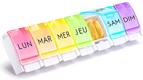 Opret Pilulier Semainier Français 7 Jours - Semainier Medicament de Grande Capacité avec Bouton Pop-up Design, Boîte à Pilules Facile à Ouvrir - Colorée