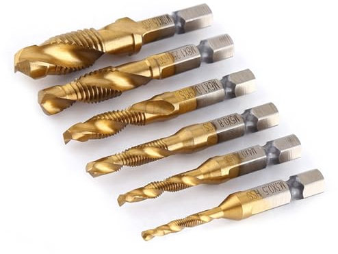 Yosoo Juego de 6 Brocas HSS con Varilla Hexagonal, Brocas de Roscado M3 a M10, Taladro y Roscado HSS Recubierto de Titanio