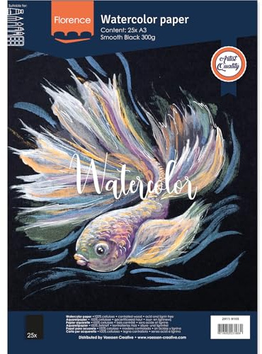 Vaessen Creative Florence - Papel de acuarela prensado en caliente A3, negro, 300 g/m², superficie lisa, calidad de grado artístico, 25 hojas para pintura, letras a mano, proyectos de arte y más