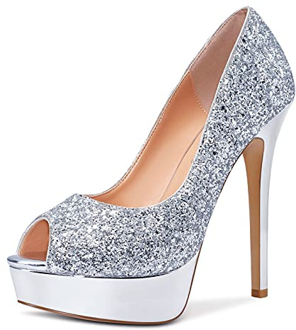 NobleOnly Women's Platform Open-Toe Leather Lining Stilettos 5IN High Heels Pumps Silver Glitter Shoes UK6.5