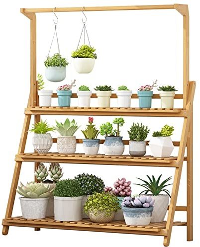 LIGUOYI Flower Plant Stand Display Rack Bamboo 3 Tier Garden Shelves Folding Display Shelving Hanging Storage Organizer Rack for Home Garden Patio Balcony Indoor Outdoor Étagère À Plantes