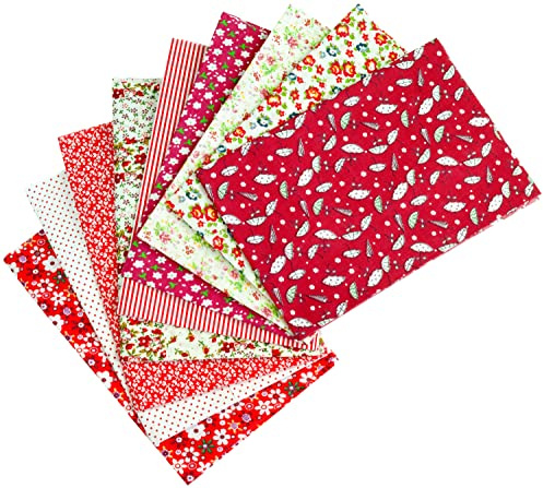 Tygpaket: 9 tyger av 100 % bomull, i rött och vitt; för sömnad, quiltning och lapptäcke; 50 x 50 cm, olika motiv