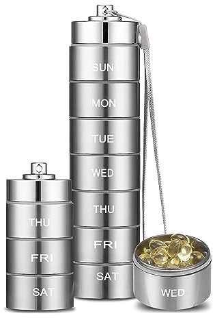 Metal Pill Organizer Weekly,Stackable Waterproof Travel Pill Box,Travel Hiking 7 Day Pill Box Case,Date Display,Large Compartment to Hold Pills, Vitamins, Capsules,Fish Oil, Supplements (Silver Grey)