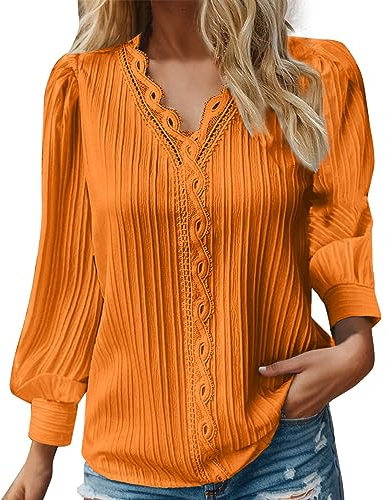 Tee Shirt Femme Manche Longue Col V Hiver Chemisier Femme Chic Et élégant Fluide Fleuri Top Haut Grande Taille la Mode Léger Pas Cher Croisé Sport Casual (Orange, XXL)