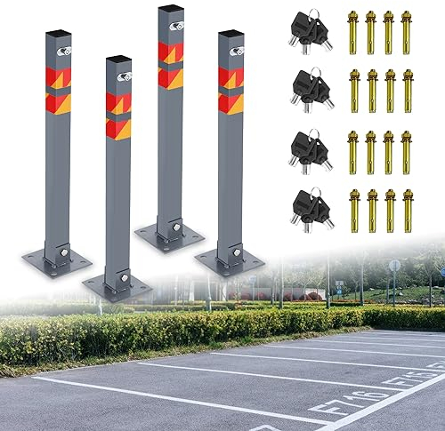 Herrselsam Parkpfosten Klappbar,Parkplatzsperren Absperrpfosten, Parkplatz-Barriere mit Schlüssel und reflektierendem Logo,Stahl Robust Anti-Belegung Parksperre 6er Set