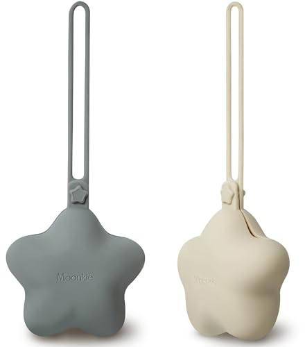 Moonkie Schnullerbox Silikon, 2 Pack Box Dummy, Schnullerbox für Unterwegs Sterndesign, Dummy Boxen BPA-frei, Schnuller-aufbewahrung, Sicheres Baby Zubehör(Teint/Lunar Grau)