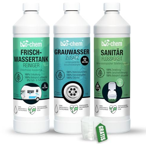 bio-chem Camping Hygiene-Zusätze Set 3-teilig: Bio Sanitärflüssigkeit 1l + Frischwassertank-Reiniger 1l + Grauwassertank-Zusatz 1l - Effektive Geruchsbekämpfung & frische Sauberkeit