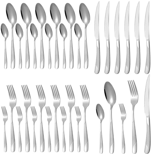 Stainless Steel Cutlery Set - Cutlery Set for 7 People, 35Pcs Knives and Forks Set - Flatware Set with Spoon - Tableware Silverware Set - Dishwasher Safe - Mirror Polished - for Home Party Restaurant