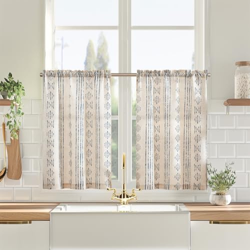 Vangao Scheibengardinen Modern Küche Boho Vorhänge Gestreift Leinenoptik Bistrogardine 2er Set 65Bx60Hcm Geometrisch Gardinen kurz mit Stangendurchzug kurzstores Lichtdurchlässig Blau und Beige