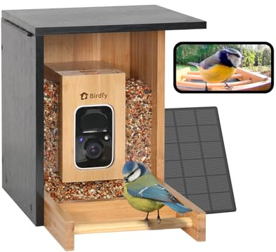 Netvue by Birdfy Mangeoire Oiseaux Exterieur en Bambou avec Caméra et Solaire, Caméra Mangeoires pour Oiseaux Sauvages avec Vision Nocturne, Capture Auto Images/Vidéos Notification Instantanée