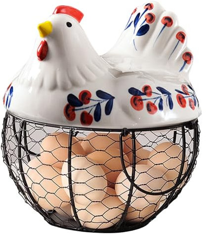 XVHOAB Portauova in ceramica, porta uova di gallina con coperchio a forma di gallina, antiscivolo, con manico, per raccogliere uova fresche