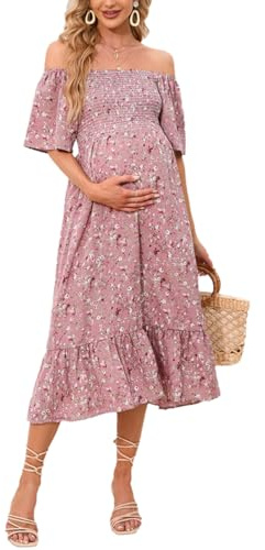 SISAY Abito Premaman Vestito Lungo Donna Elegante Cerimonia Maniche Corta Vestiti Stampa Floreale Colletto Quadrato Casual in Chiffon Mode Bohemian Abiti da Spiaggia Sera Cocktail Midi Dress