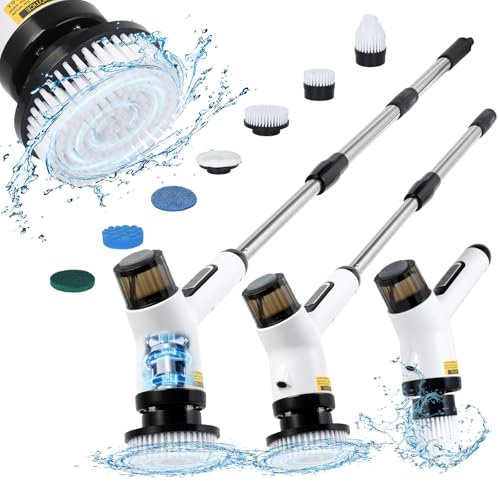 OTraki Cepillo Electrico Limpieza Hogar, Pulverizador Cepillo de Limpieza Electrico con Mango Ajustable, Fregadora Giratoria Eléctrica con 7 Cabezales de Cepillo de Repuesto para Baño, Cocina y Coche