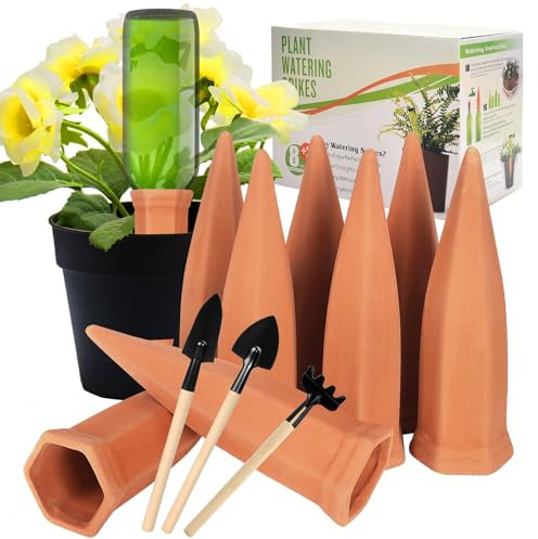 KIMIGO 8 Picos Riego Plantas,Riego Automatico Macetas,Dispensador de agua para plantas en macetas,Regar Planta Vacaciones Automatico,Conos de Arcilla para Regar Planta en Interiores y Exteriores