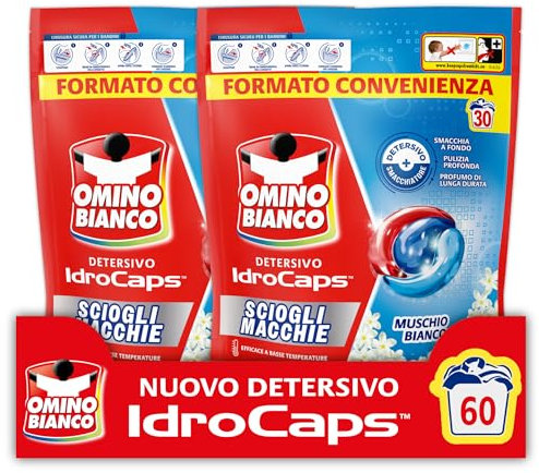 Omino Bianco Idrocaps - Detersivo Lavatrice in Capsule Sciogli Macchie, 60 Lavaggi, Efficace a Basse Temperature, Profumo Muschio Bianco, 30 Caps x 2 Confezioni