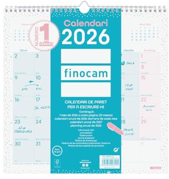 Finocam - Calendario de pared 2026 Mes Vista Enero - Diciembre (12 meses) | Calendario 2026 para anotar | Planificador mensual Trendy Chic Turquesa - Catalán