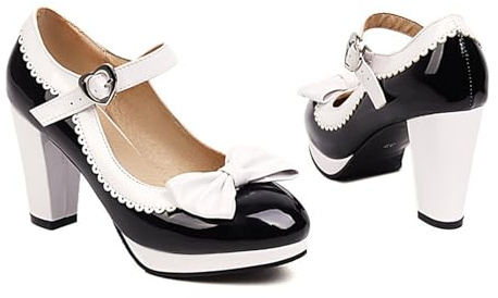 Mujer Mary Jane Zapatos de tacón medio Elegantes Zapatos festivos para mujer Zapatos casuales cómodos para mujer Cordones de moda, Negro , 39 EU