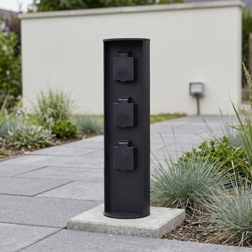 Außensteckdose Garten Aluminium Schwarz IP44 3500W Steckdosensäule 3 fach wetterfest Stromverteiler außen 40 cm Steckdose Energiesäule