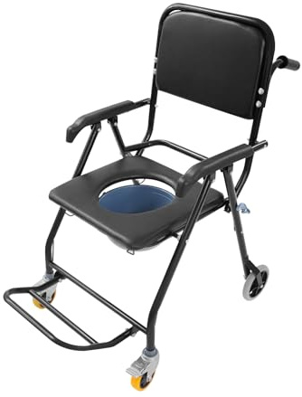 Silla de ducha para personas mayores, silla de inodoro móvil con 4 ruedas con bloqueo, cómoda y reposapiés desmontable, silla de ruedas plegable con reposabrazos para discapacitados ancianos