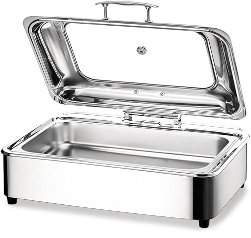 Chafing Dish Elettrico, 9L Scaldavivande Buffet Professionale Elettrico con Copertura in Vetro, Commerciale Contenitore Scalda Cibo per Buffet e Festa, Temperatura Regolabile 0-85℃ (GN1/1)